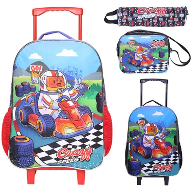 KIT MOCHILA INFANTIL MASCULINA COM CARRINHO 16'' + LANCHEIRA 10'' E ESTOJO CRAZY FOR SPEED