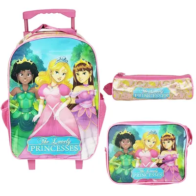 KIT MOCHILA INFANTIL FEMININA CARRINHO 16'' + LANCHEIRA 10'' E ESTOJO PRINCESS