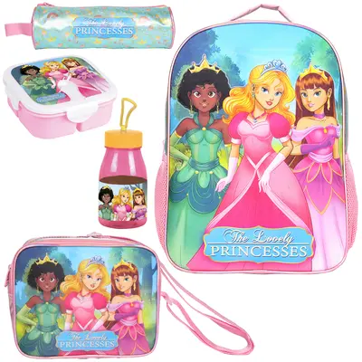KIT MOCHILA INFANTIL FEMININA 17'' COM LANCHEIRA + ACESSORIOS STANDARD PRINCESSES 6 PECAS