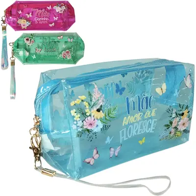 NECESSAIRE DE PVC RETANGULAR FEMININA FRASES MAE COM ALCA E ZIPER 18X10X7CM
