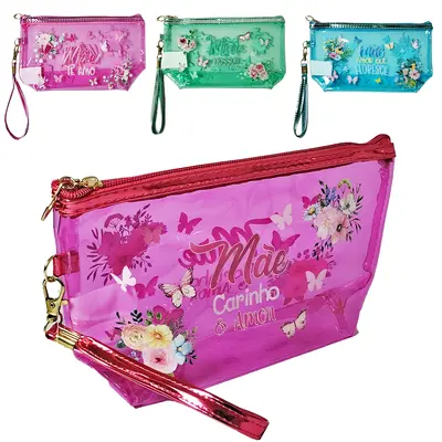 NECESSAIRE DE PVC RETANGULAR FEMININA FRASES MAE COM ALCA E ZIPER 22,5X13X6,5CM