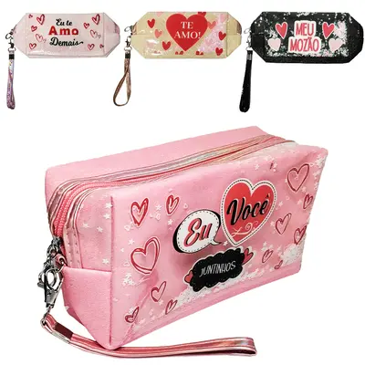 NECESSAIRE DE PVC RETANGULAR FEMININA CORACAO COM GLITTER + ALCA E ZIPER 18X10X7CM