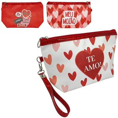 NECESSAIRE DE PVC RETANGULAR FEMININA CORACAO COM ALCA E ZIPER 22,5X13X6,5CM