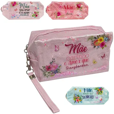 NECESSAIRE DE PVC RETANGULAR FEMININA FRASES MAE COM GLITTER + ALCA E ZIPER 18X10X7CM