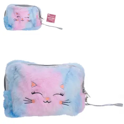 NECESSAIRE DE PELUCIA RETANGULAR FEMININA GATINHA + ALCA E ZIPER 23X15X7CM