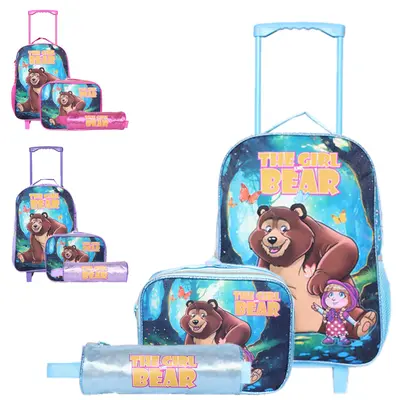 KIT MOCHILA INFANTIL FEMININA COM CARRINHO 16'' + LANCHEIRA 10'' E ESTOJO THE GIRL AND BEAR