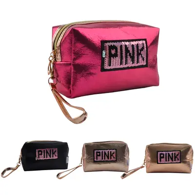 NECESSAIRE RETANGULAR FEMININA PINK COM LANTEJOULA MAGICA + ALCA E ZIPER 18X11X7CM