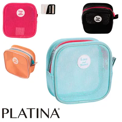 NECESSAIRE DE NYLON RETANGULAR FEMININA LOVE AND PEACE COM ALCA E ZIPER PLATINA 14,5X14X7CM