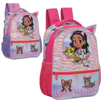 MOCHILA INFANTIL FEMININA CATS MAZING BY YEPP COM LANTEJOULA MAGICA 16''