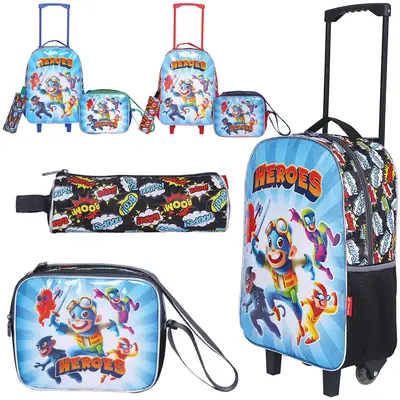KIT MOCHILA INFANTIL MASCULINA COM CARRINHO 16'' + LANCHEIRA 10'' E ESTOJO STANDARD HEROES
