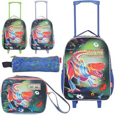 KIT MOCHILA INFANTIL MASCULINA COM CARRINHO 16'' + LANCHEIRA 10'' E ESTOJO JAYKE THE DINOSAUR