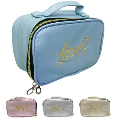 NECESSAIRE RETANGULAR FEMININA LOVE COM ALCA E ZIPER COLORS 21X13X8CM