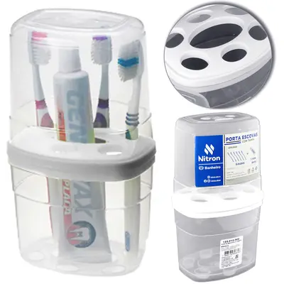 PORTA ESCOVA DENTAL DE PIA DE PLASTICO COM TAMPA BRANCO 20,2X11,5X8,9CM