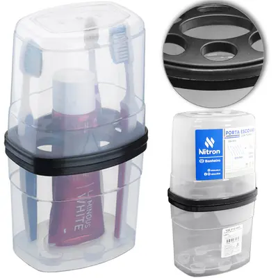PORTA ESCOVA DENTAL DE PIA DE PLASTICO COM TAMPA PRETO 20,2X11,5X8,9CM