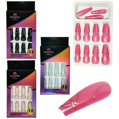 KIT DE UNHAS POSTICAS BAILARINA DECORADAS PARA MAOS RAINHA CHIC COM 12 PECAS