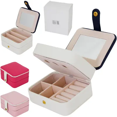 ESTOJO PORTA JOIAS DE PVC RETANGULAR DUPLO COM ESPELHO + 7 DIVISORIAS E BOTAO 11X9X6CM