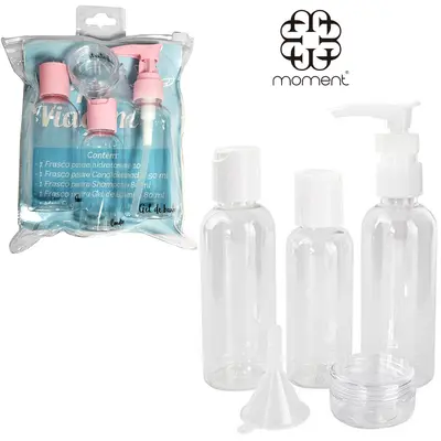 KIT FRASCO DE PLASTICO PARA VIAGEM + MINI POTE PORTA CREME E FUNIL PLATINA 5 PECAS NA BOLSA