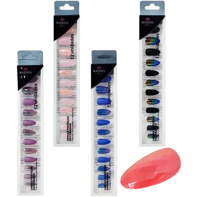 KIT DE UNHAS POSTICAS ALMOND CROMADAS/FOSCA PARA MAOS RAINHA CHIC COM 12 PECAS