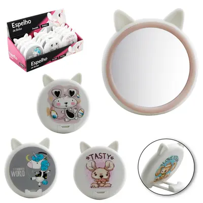 ESPELHO DE BOLSA REDONDO GATINHA COM APOIO 8X7CM DE Ø