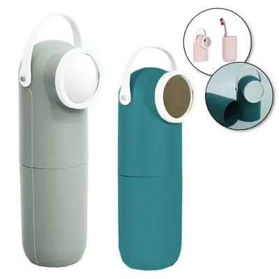 PORTA ESCOVA / ESTOJO DENTAL DE PLASTICO REDONDO BIPARTIDO COM ESPELHO + TAMPA E ALCA 20X5CM DE Ø