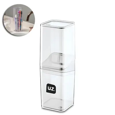 PORTA ESCOVA DENTAL DE PIA DE ACRILICO QUADRADO COM TAMPA SLIM TRANSLUCIDO TRANSPARENTE