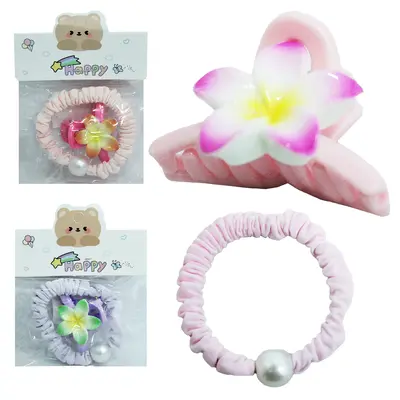 KIT ACESSORIOS PARA CABELO ELASTICO / RABICO PEROLA + PIRANHA FLOR