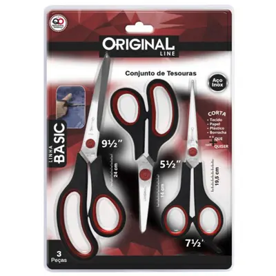 TESOURA DE BARBEIRO / CABELEIREIRO DE INOX BASIC 7½'' + TESOURA MULTIUSO 9½'' E 5½'' KIT COM 3 PECAS