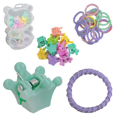 KIT ACESSORIOS PARA CABELO ELASTICO RABICO + MINI PIRANHA COM 31 PECAS NO ESTOJO URSO