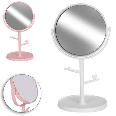 ESPELHO DE MESA REDONDO COM BASE PORTA JOIAS + 2 GANCHOS DE PLASTICO 21X12,5CM