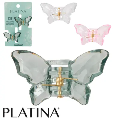 KIT ACESSORIOS PARA CABELO PIRANHA BORBOLETA PLATINA COM 2 PECAS 4,5X2,5X2,5CM