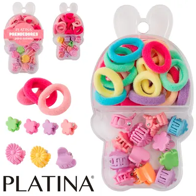 KIT ACESSORIOS PARA CABELO ELASTICO / RABICO + MINI PIRANHA PLATINA COM 30 PECAS NO ESTOJO COELHO