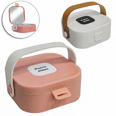 ESTOJO PORTA JOIAS DE PLASTICO / SILICONE QUADRADO COM ESPELHO + 3 DIVISORIAS E ALCA 9X4CM
