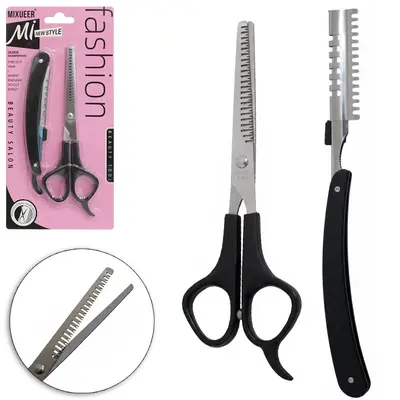 TESOURA DENTADA DE BARBEIRO / CABELEIREIRO DE INOX 6,5'' 17CM + NAVALHETE DOBRAVEL