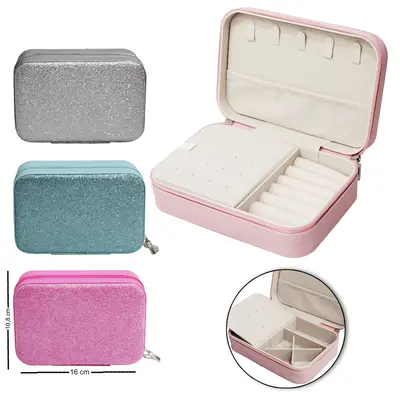 ESTOJO PORTA JOIAS DE PVC RETANGULAR COM GLITTER 16X10,8X5CM