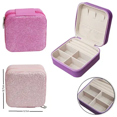 ESTOJO PORTA JOIAS DE PVC QUADRADO GLITTER COM 4 DIVISORIAS E ZIPER 9,7X4,8CM