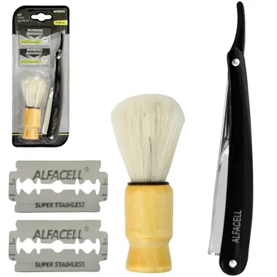 PINCEL CABO MADEIRA + NAVALHETE PARA BARBEAR COM SUPORTE + LAMINA