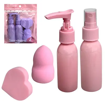 KIT FRASCO DE PLASTICO PARA VIAGEM COM 2 PECAS 50ML + ESPONJA CORACAO / GOTA PARA MAKE / MAQUIAGEM BEAUTY 2 PECAS