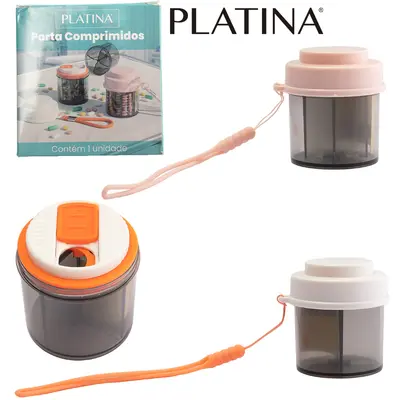 PORTA COMPRIMIDO DE PLASTICO REDONDO COM 4 COMPARTIMENTOS + ALCA DE SILICONE PLATINA 6,6X6CM DE Ø
