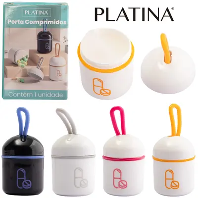 PORTA COMPRIMIDO DE PLASTICO REDONDO COM 2 COMPARTIMENTOS + ALCA DE SILICONE PLATINA 5X3,5CM DE Ø