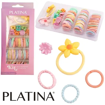 KIT ACESSORIOS PARA CABELO ELASTICO / RABICO + MINI PIRANHA PLATINA COM 50 PEÇAS
