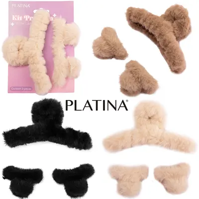 KIT ACESSORIOS PARA CABELO PIRANHA DE PELUCIA PLATINA COM 3 PECAS 11X6X4,5/5,5X4X3CM