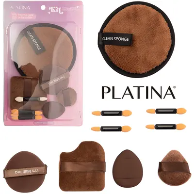 PINCEL DUPLO COM ESPONJA PARA MAKE / MAQUIAGEM PLATINA 9 PECAS