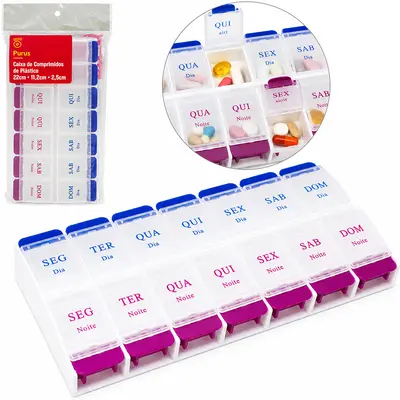 PORTA COMPRIMIDO DE PLASTICO RETANGULAR SEMANAL DIA E NOITE COM 14 COMPARTIMENTOS 22X11,2X2,5CM