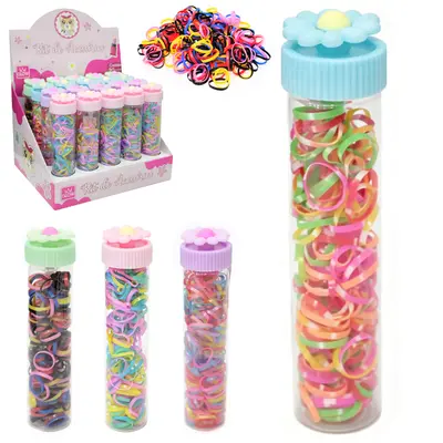 KIT ACESSORIOS PARA CABELO ELASTICO / RABICO DE SILICONE COM 100 PECAS 1,5CM DE Ø NO POTE FLOR