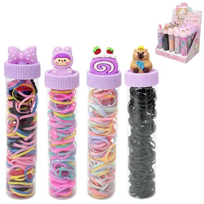 KIT ACESSORIOS PARA CABELO ELASTICO / RABICO DE SILICONE COM 150 PECAS 2CM DE Ø NO TUBO DP PLAY