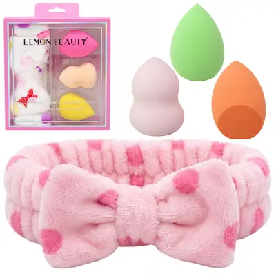 FAIXA SKINCARE PARA CABELO DE POLIESTER COM LACO + 3 ESPONJAS PARA MAQUIAGEM GOTA LEMON BEAUTY 7X19/6X4CM