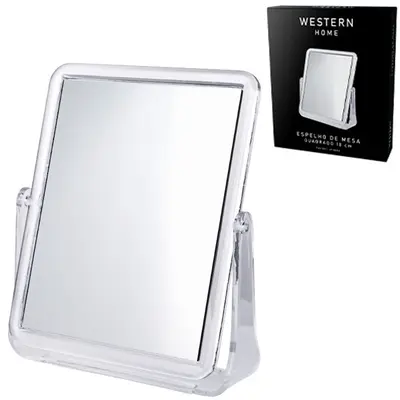 ESPELHO DE MESA RETANGULAR DUPLA FACE COM PEDESTAL DE ACRILICO 18X15CM