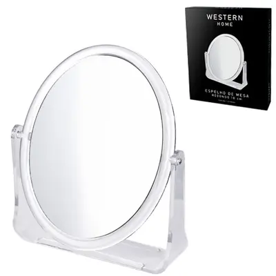 ESPELHO DE MESA OVAL DUPLA FACE COM PEDESTAL DE ACRILICO 18X15CM