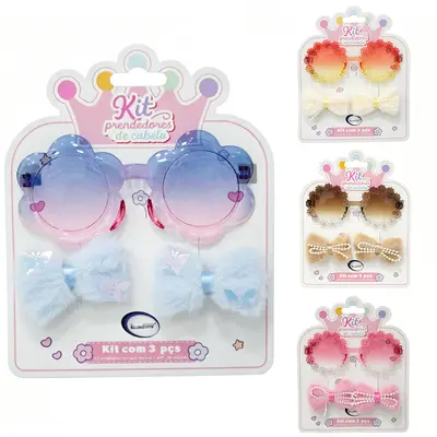 KIT BELEZA INFANTIL COM OCULOS FLOR + 2 ACESSORIOS PARA CABELO PRESILHA LACO
