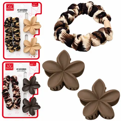 KIT ACESSORIOS PARA CABELO ELASTICO / RABICO + PIRANHA FLOR FOSCA GLOW COM 4 PECAS